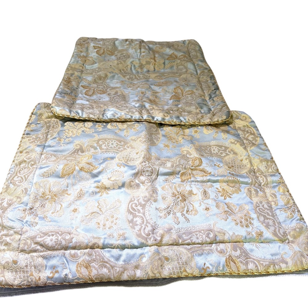 Vintage Set(2) Croscill Napolean Blue/Gold French Floral Jacquard Standard Shams